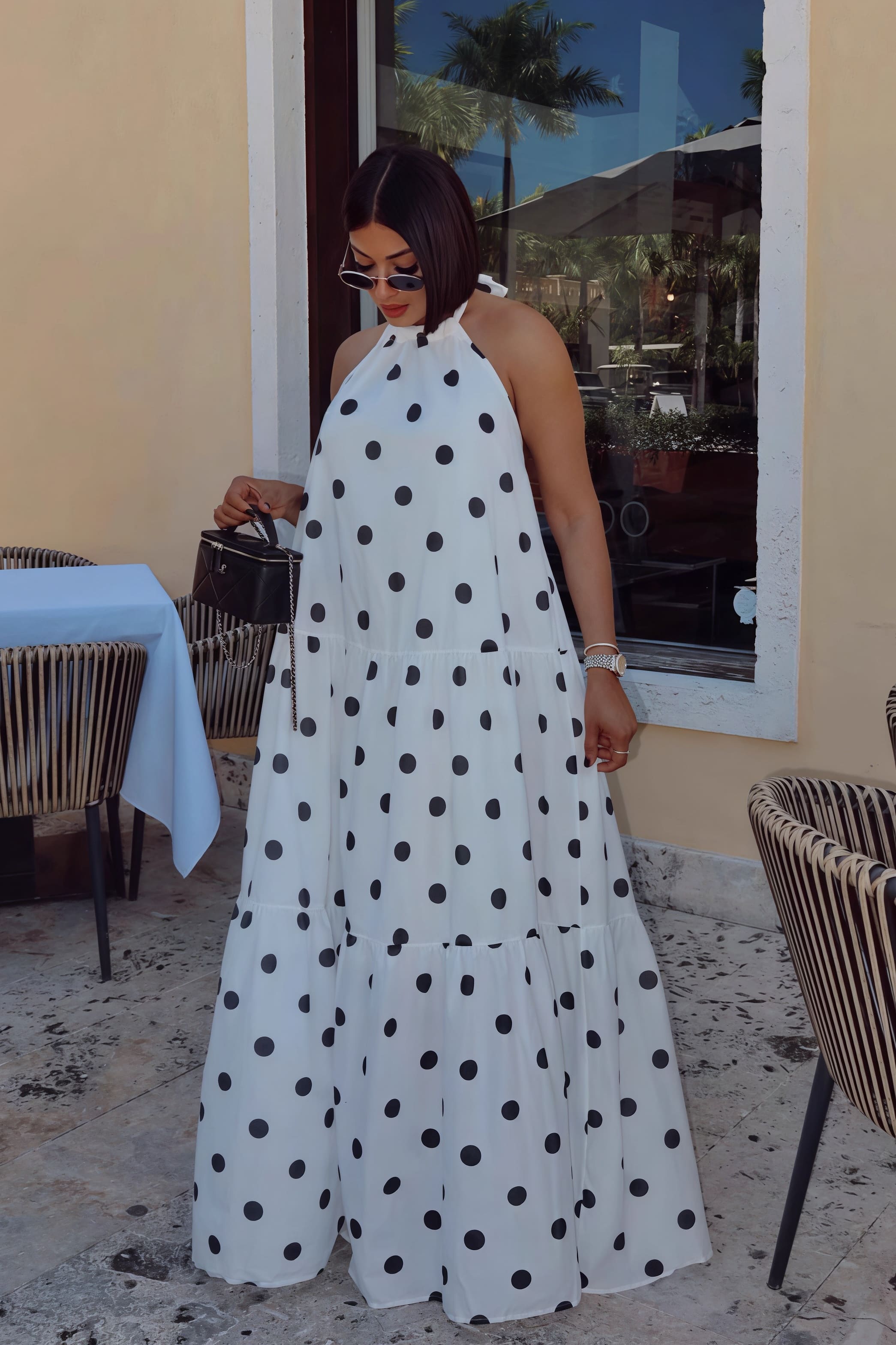 Elegant African Polka Dot Patchwork Halter Neck Swing Maxi Dress
