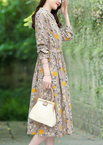 Vestido largo de algodón con estampado floral beige y lazo en la cintura para primavera 