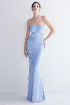 Mermaid Halter Black Sequins Long Prom Dress with Keyhole
