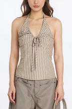 Sweet Striped Tie Backless Halter Top