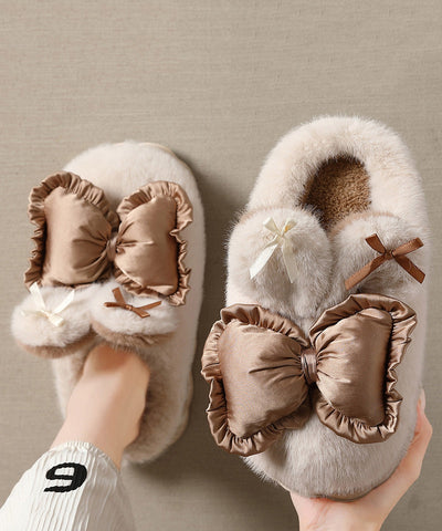 Süße Khaki Hausschuhe Schuhe Spleißen Schleife Fuzzy Wolle gefüttert 