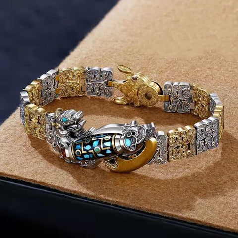 Sterling Silver Lucky Pixiu Inlaid Nine-eyed Dzi Curb Chain Bracelet