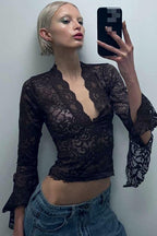 Slim-Fitting Short Open-Button Lace Long Sleeve Tee