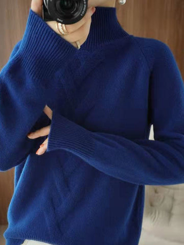 Casual Loose Long Sleeves Solid Color High-Neck Sweater Tops