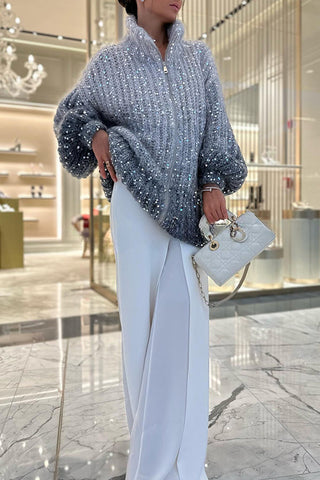 Warme, glänzende Herz-Strickjacke mit Pailletten, Ballonärmeln, Reißverschluss am Hals und lockerem Schnitt 