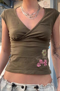 Cross V Neck Floral Embroidered T-shirt