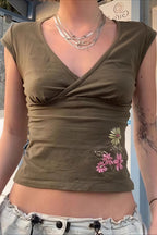Cross V Neck Floral Embroidered T-shirt