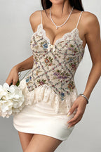 Chic Floral Jacquard Lace Insert Slim Cami Top
