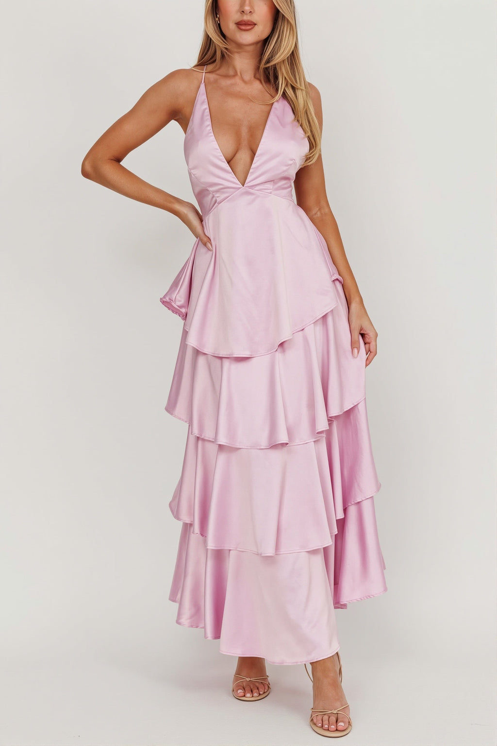 Satin V-Neck Cami Tiered Slim Maxi Dress