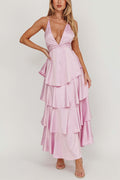 Satin V-Neck Cami Tiered Slim Maxi Dress