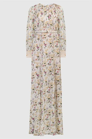 Floral Pleat Round Neck Maxi Dress With Belt