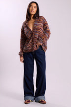 New Retro Fashion Deep V-Neck Maillard Plush Long-Sleeve Knit Cardigan