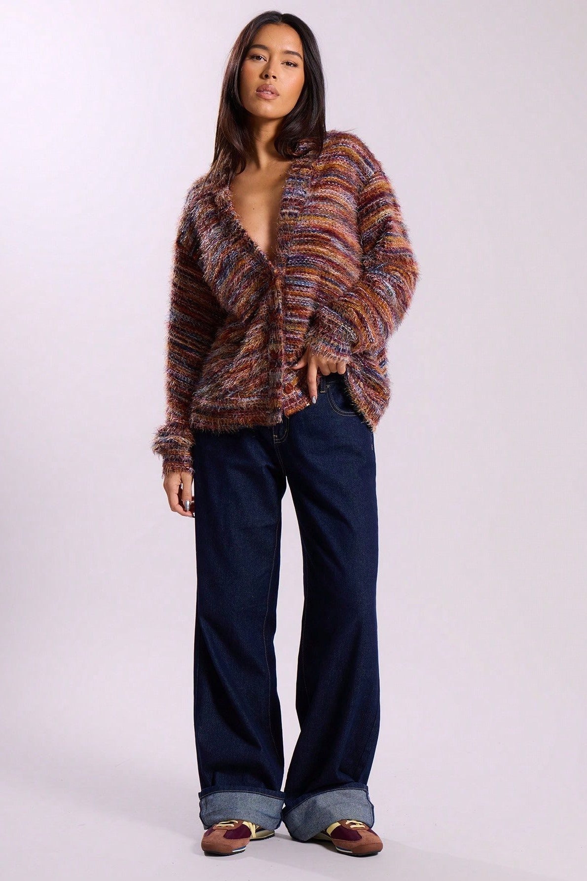 New Retro Fashion Deep V-Neck Maillard Plush Long-Sleeve Knit Cardigan