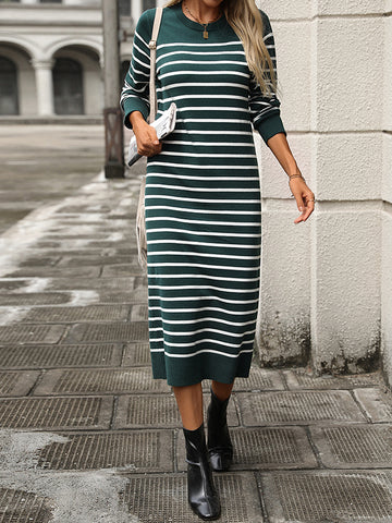 Vestidos midi holgados de manga larga con aberturas laterales y cuello redondo a rayas 