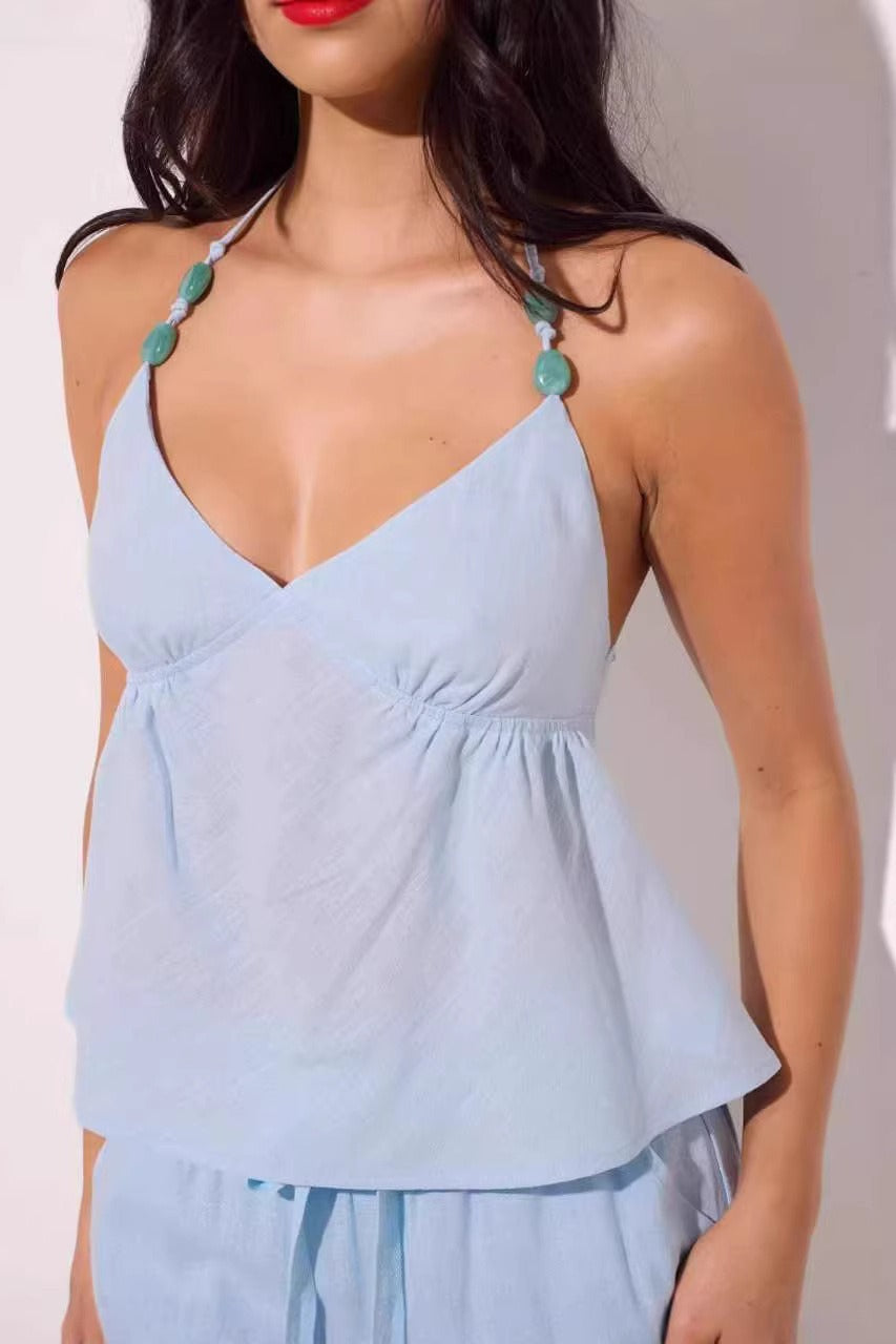 Minimalist Sexy Solid Beaded Halter Top
