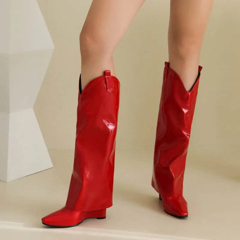 Botas altas hasta la rodilla de charol blanco para mujer, con cuña y tacón, sin cordones, negras y rojas, diseño de pantalones, talla grande 45 