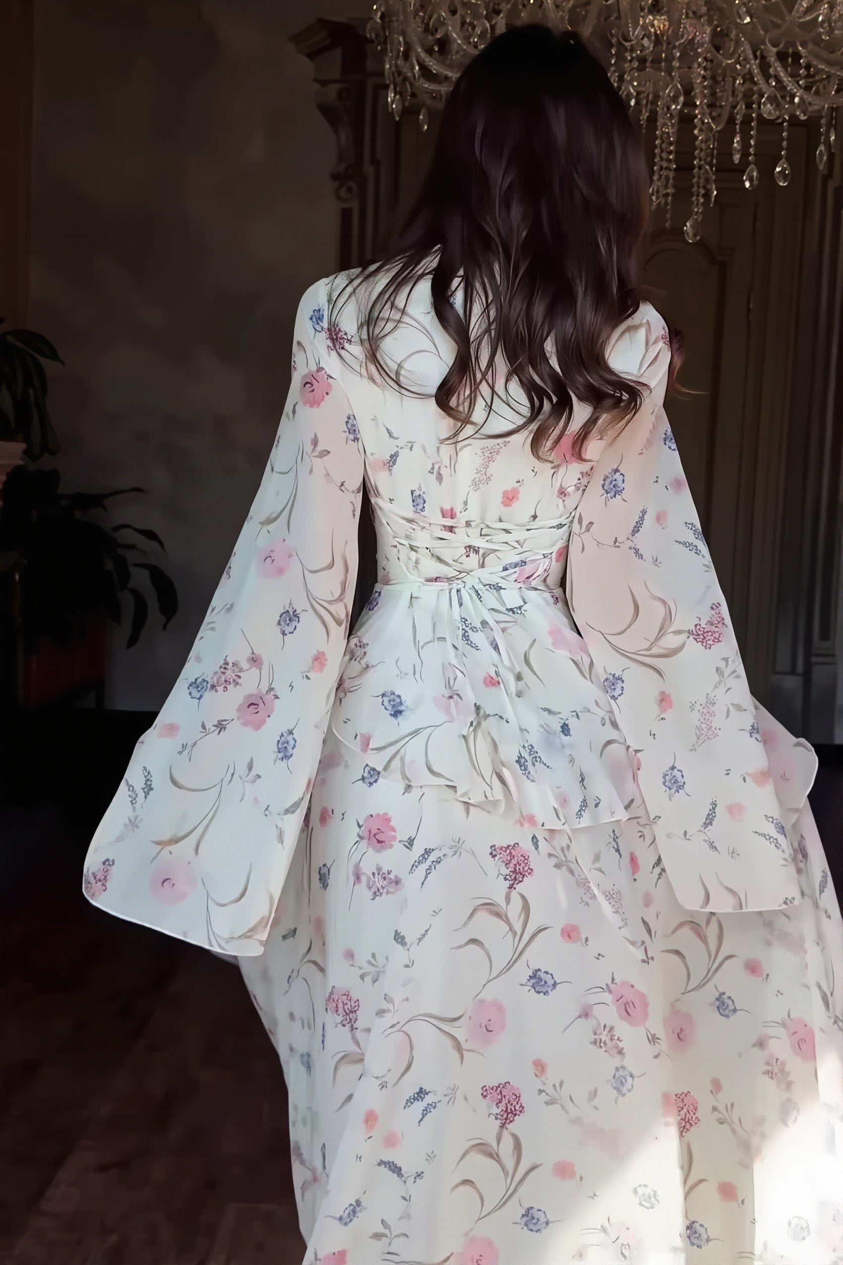 Floral Round Neck Long Sleeve Tie Maxi Dress