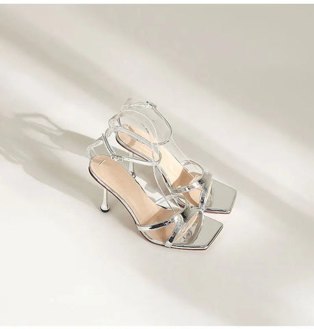 Frühjahr/Sommer Neue High Heels Mode Vielseitige Slim Heels High Heel High Heel Sandalen mit silbernen Streifen für Damen 