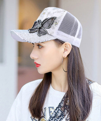 Gorra de béisbol con mariposa de circonita y malla rosa de moda de verano para mujer 