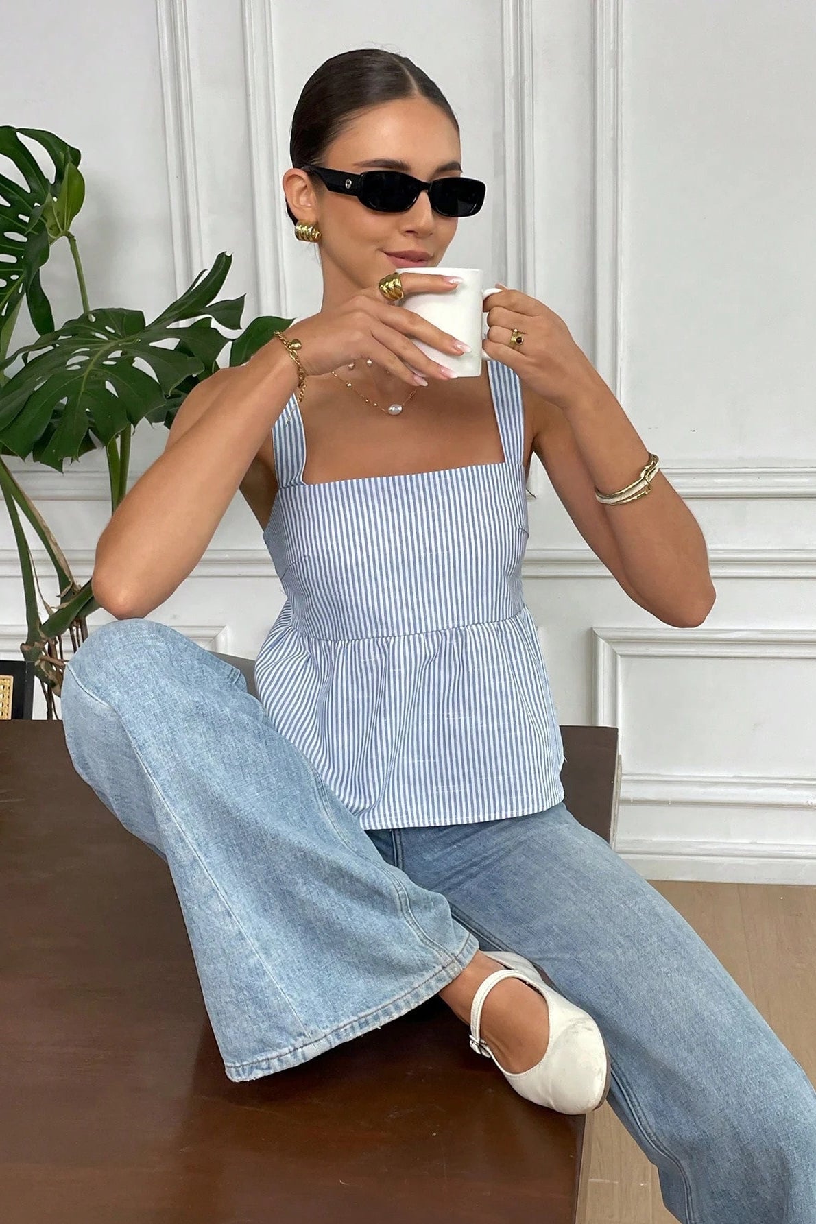 Striped Tie-Shoulder Square Tank Top