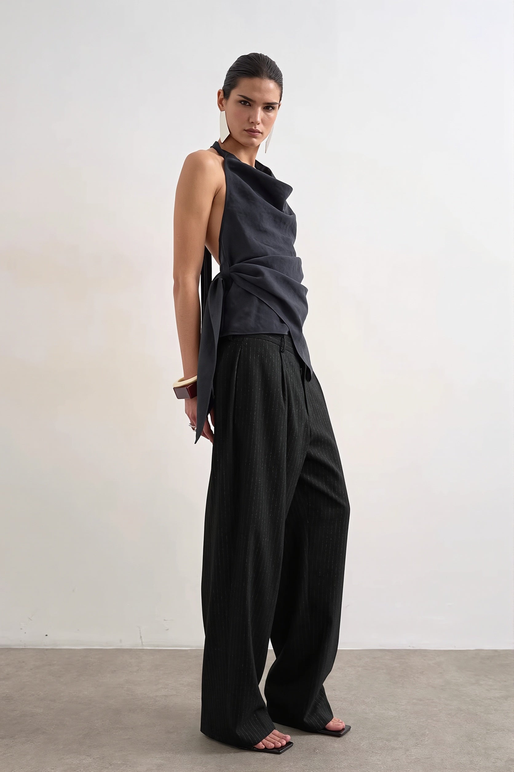 Cowl Neck Backless Asym Draped Halter Top