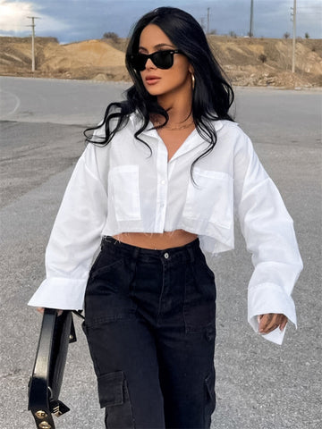 Camisas casuales con bolsillo de solapa Tossy para mujer, top corto holgado de retazos de manga larga, atuendo Y2k, blusa tipo cárdigan de calle lisa