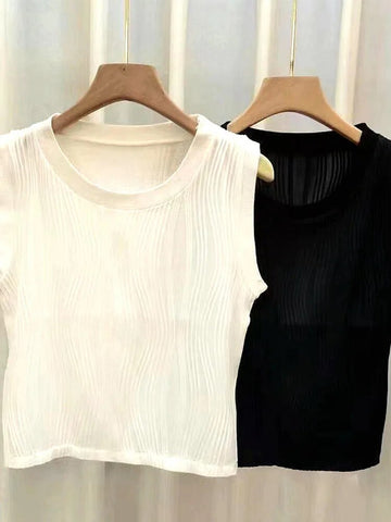 Chaleco de punto chic de verano para mujer, camiseta sin mangas blanca ajustada elástica de moda de verano para mujer, top básico sin mangas 2024, ropa para mujer 