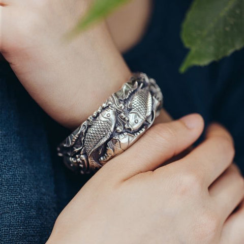 Sterling Silver Koi Fish Playing with Lotus Bracelet