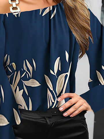 Langarm Lose Schnalle Hohle Blätter Drucken One-Shoulder Blusen &amp; Hemden Tops 