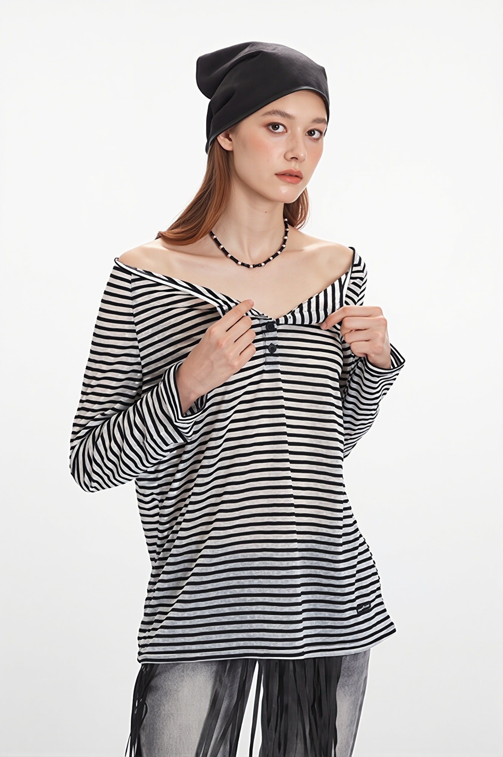 Striped Off Shoulder Long Sleeve T-shirt