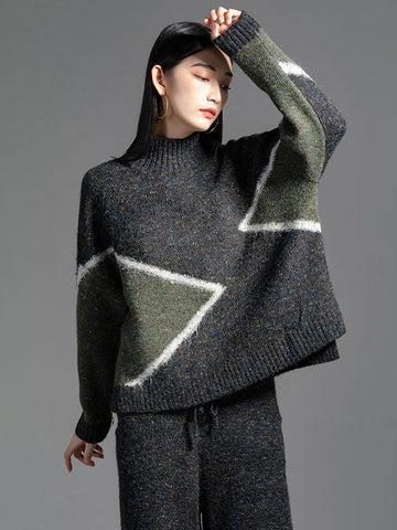 Casual Long Sleeves Loose Contrast Color Jacquard High-Neck Sweater Tops