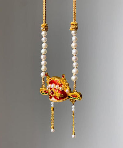 Collar con lazo y sombrero de erudito con tejido de perlas y oro único en plata esterlina 