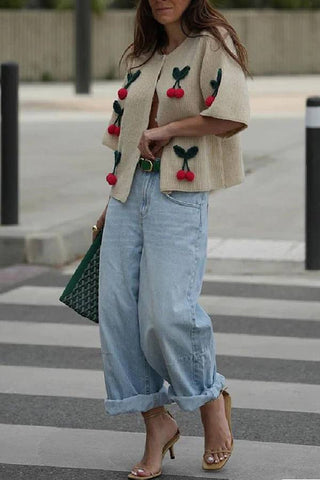 Short Sleeves Button Up Cherry Decorative Knit Sweater