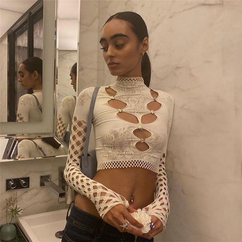 TARUXY - Tops cortos de encaje transparente para mujer, novedad de 2023, camiseta de manga larga con diamantes calados, ropa de calle, top elástico ajustado transparente Y2k 