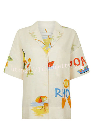 Conjunto de blusa de mezcla de lino con estampado pintado a mano y pantalones cortos con bolsillos y cintura elástica de Hello Summer 