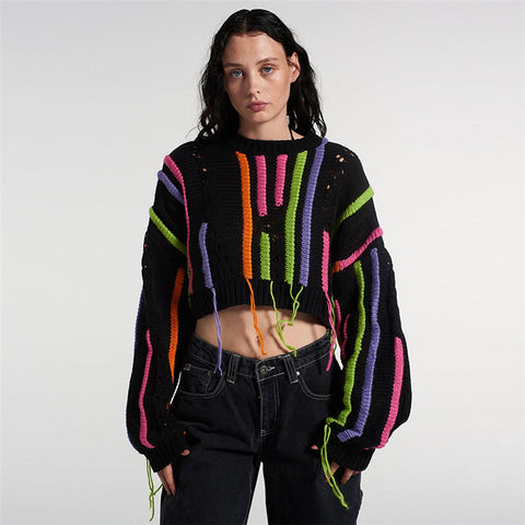 Women Clothing Autumn Winter Street Shooting Knitwear Color Matching Tassel Wild Casual Sweater