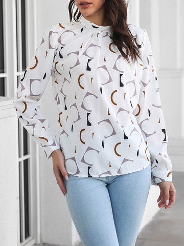 Casual Loose Long Sleeves Contrast Color Printed Stand Collar Blouses&Shirts Tops