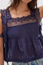 Square Neck Lace Ruffle Tie Blouse