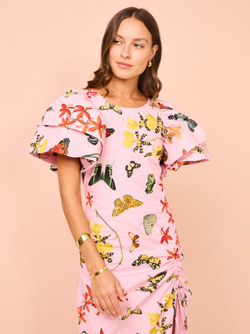 Vestido largo con abertura y cordón, mangas abullonadas y estampado de mariposas 