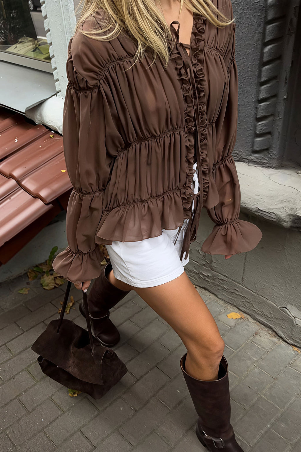 Solid Ruched Ruffle Tie Blouse