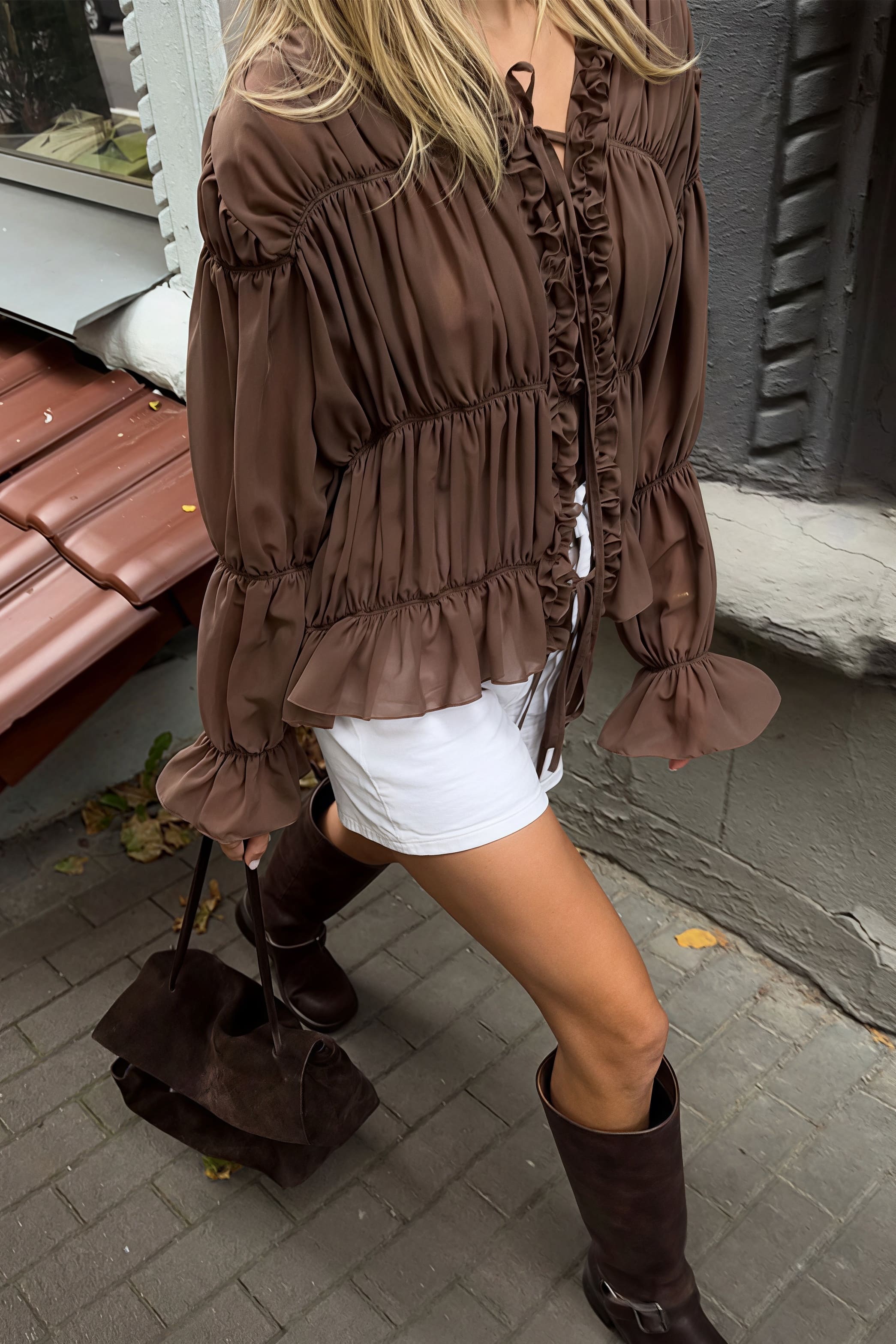 Solid Ruched Ruffle Tie Blouse