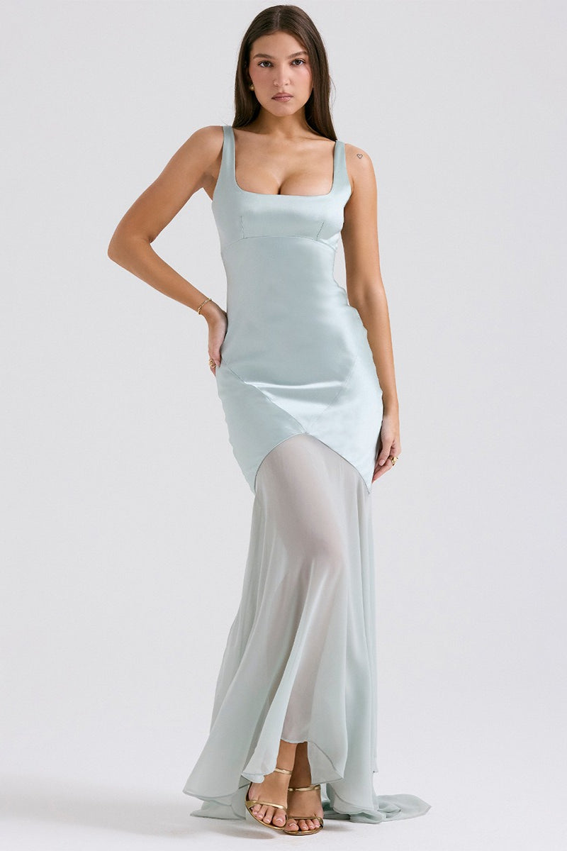 Elegant Flowy Satin Chiffon Patchwork Cami Bodycon Maxi Dress