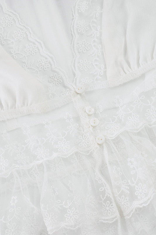Elegant Solid Lace V Neck Sheer Blouse