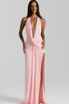 Solid Halter Deep V Backless Slit Floor Maxi Dress