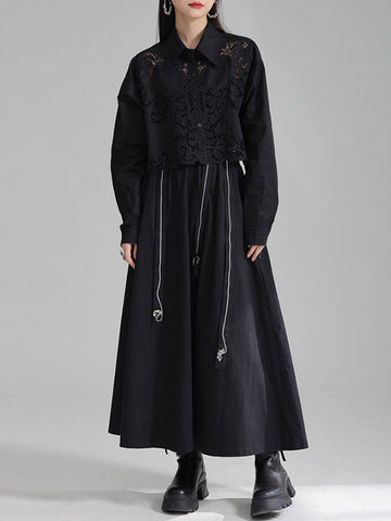 Lange Ärmel Lose Geknöpft Hohl Einfarbig Revers Blusen &amp; Hemden Tops 