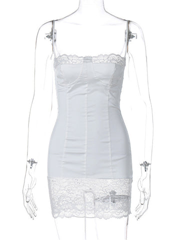 Vestido mini de verano ajustado con escote halter, espalda descubierta y encaje de patchwork para mujer 