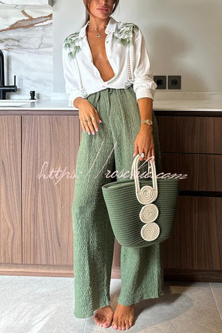 Tropical Calling – Lockere Bluse aus Leinenmischung mit einzigartigem Druck und Hosenset mit Taschen und elastischer Taille 