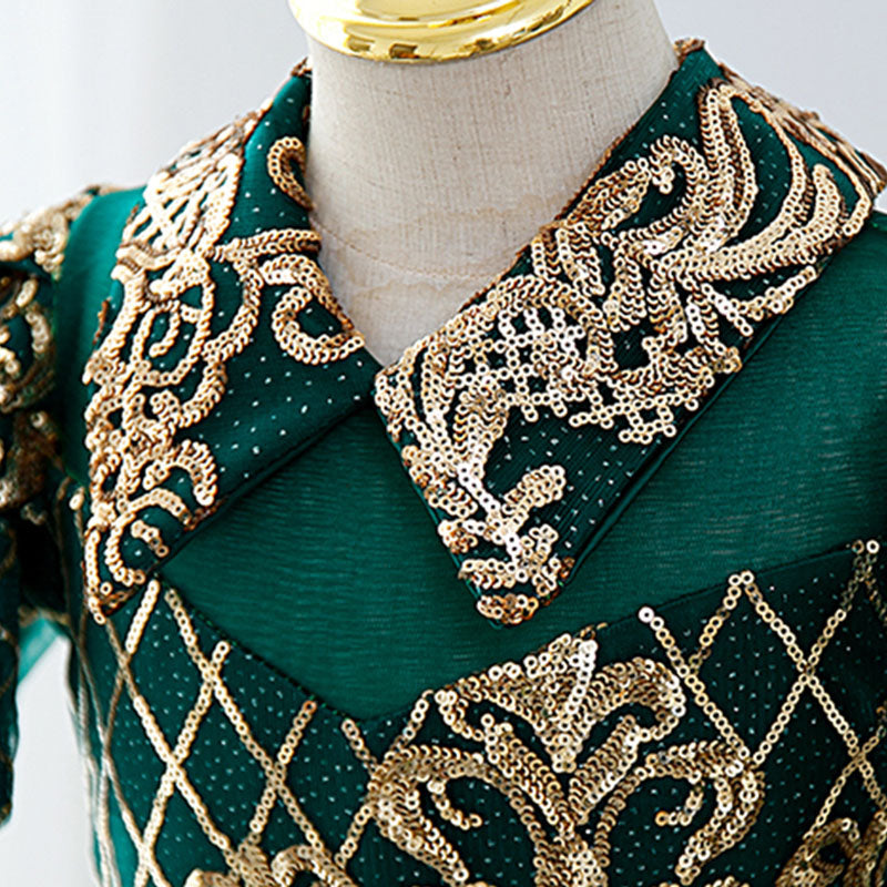 Mädchen Festkleid Kinder Vintage Wunderschönes grünes goldenes Pailletten-Party-Prinzessinnen-Kommunionskleid 
