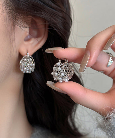 Modern Silk Sterling Silver Pearl Hollow Out Hoop Earrings