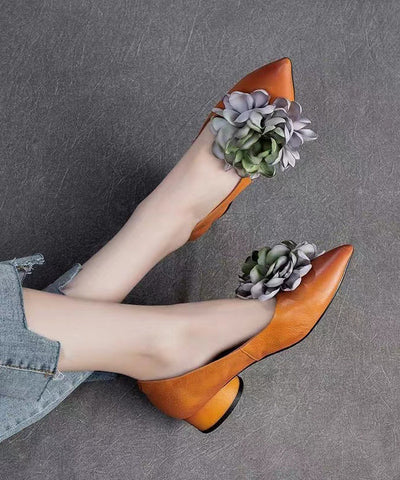 Retro Kamel Blumen Spitzschuh Rindsleder Flache Schuhe 
